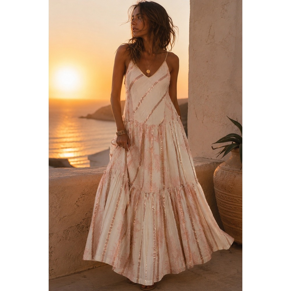 Miss June Ivory Pink Metallic Floral Tiered Maxi Dress M Boho Resort Whimsical